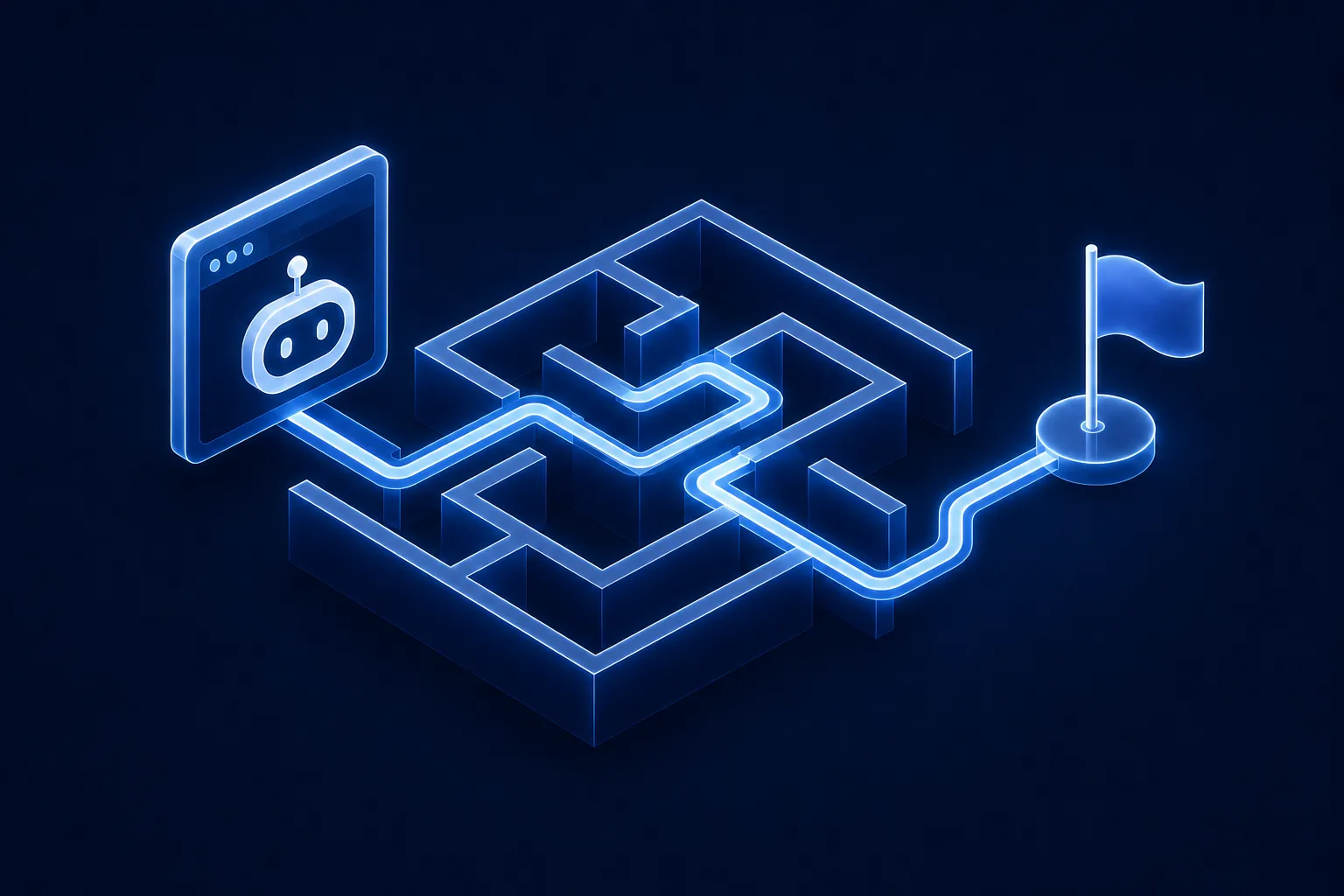 Robot icon finding a path through a maze to a flag