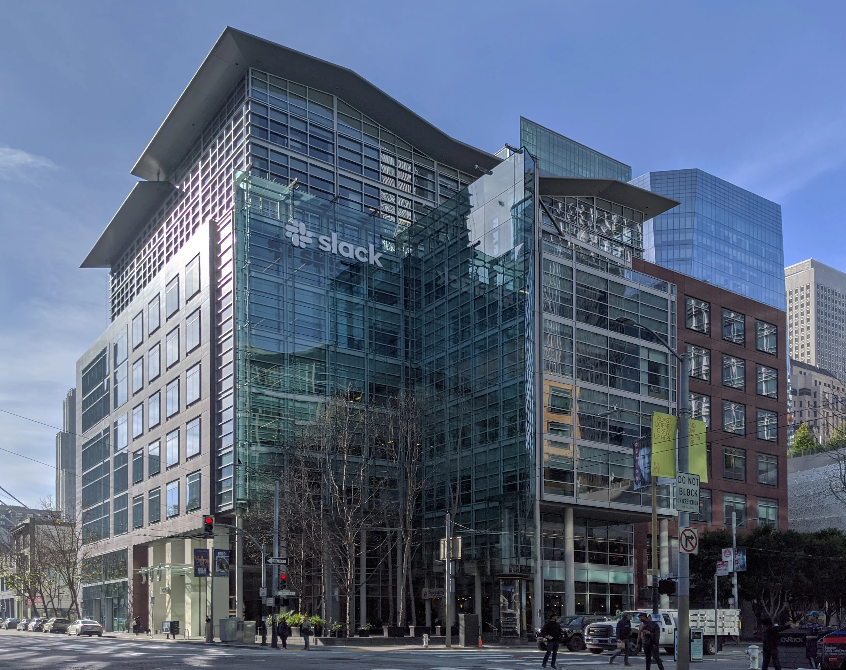 Glass-fronted office building with the Slack logo, now Anthropic’s headquarters
