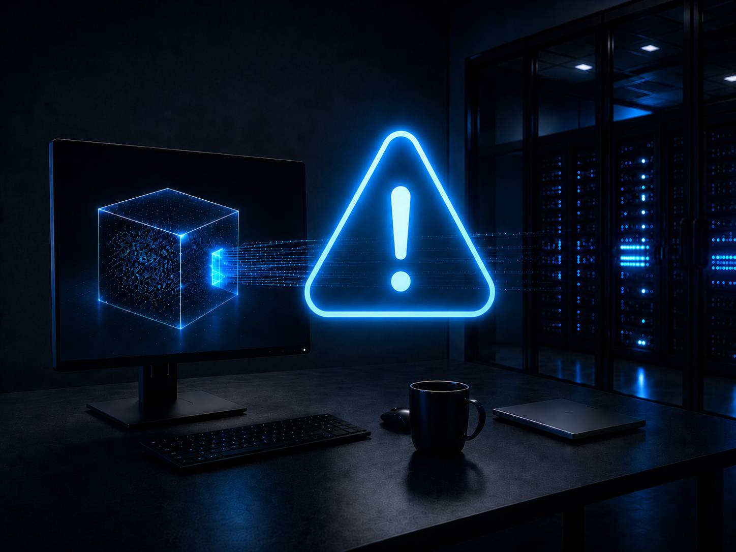 Monitor and server racks in a dark office with a glowing warning symbol