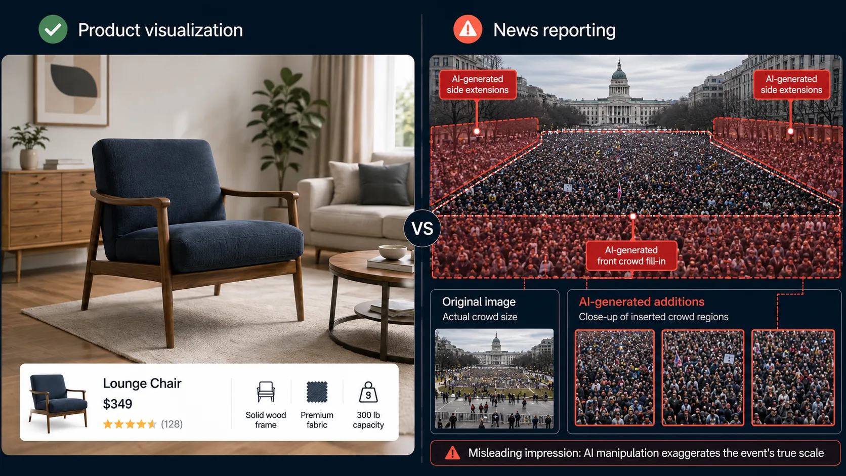 Comparison of an acceptable AI product visualization and a misleading AI-altered news photo