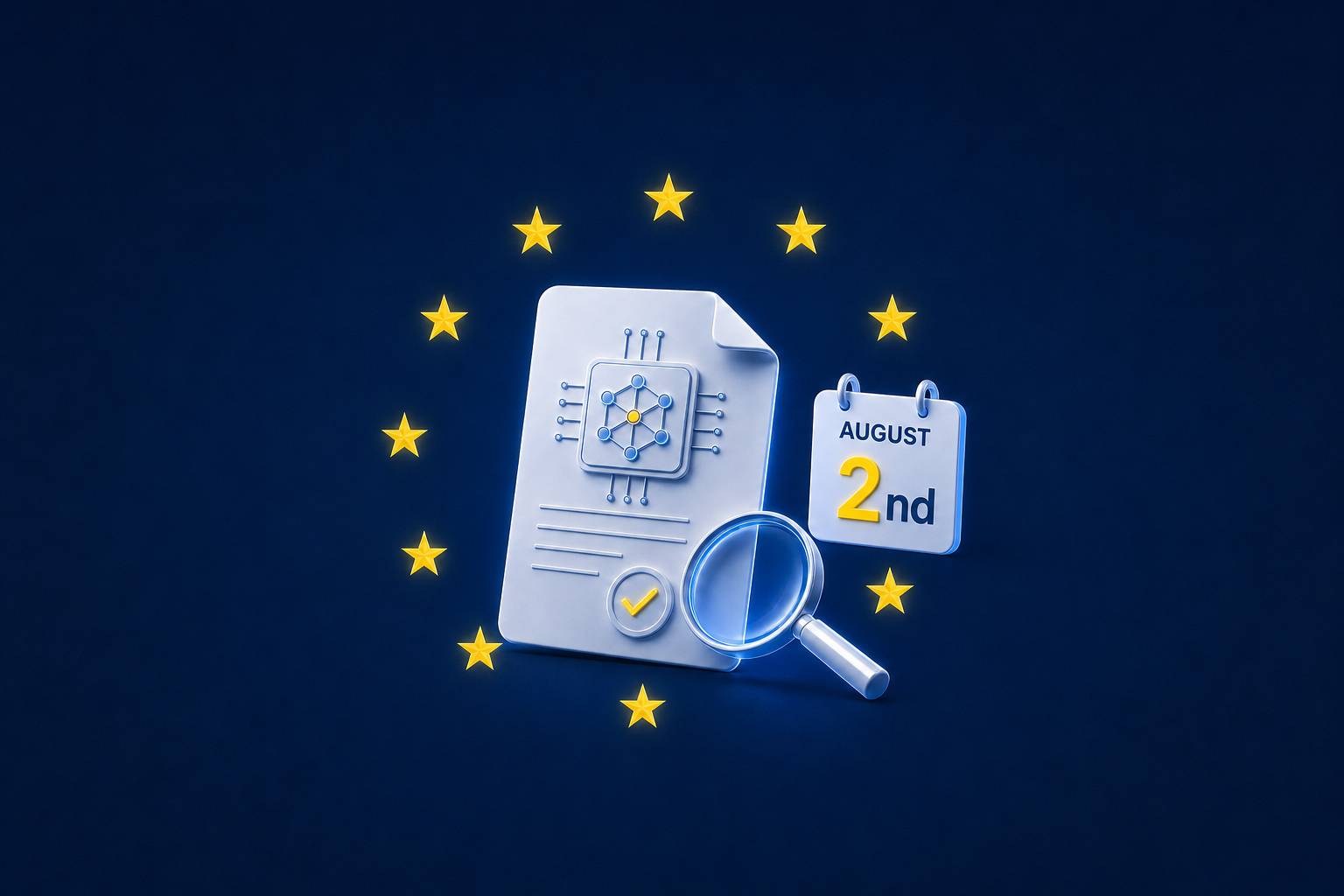 Document, magnifying glass and a calendar reading August 2nd surrounded by EU stars