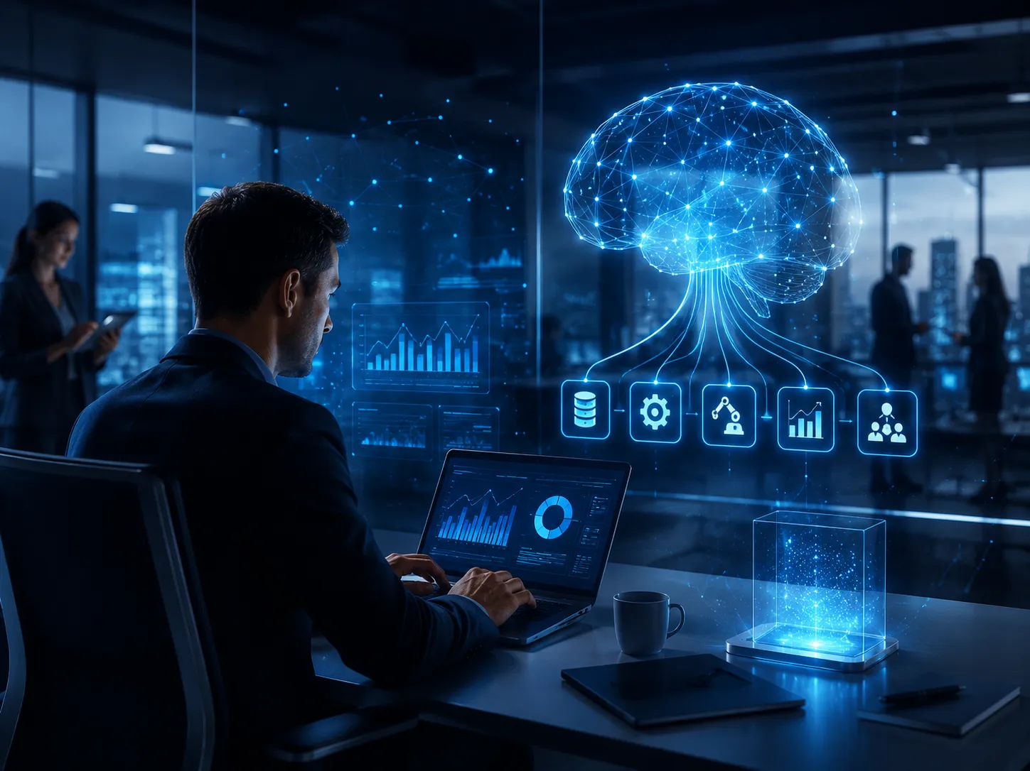 Office worker at a laptop beside a holographic brain and analytics icons