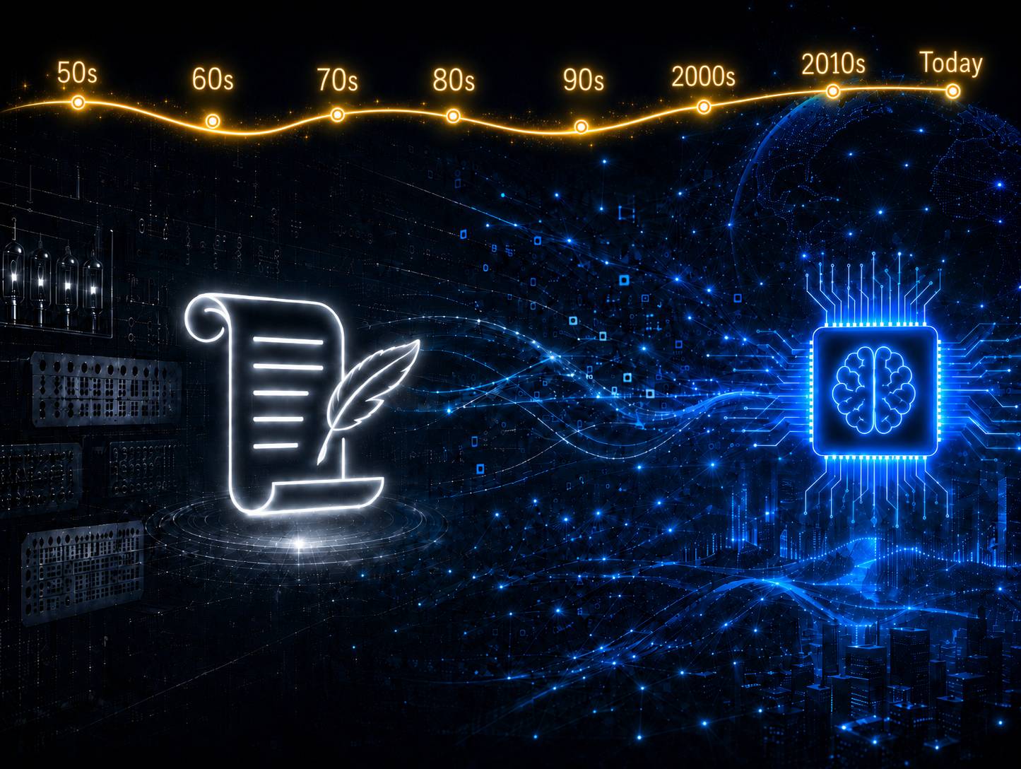 Timeline from the mid twentieth century to today, from a paper scroll to an illuminated brain chip