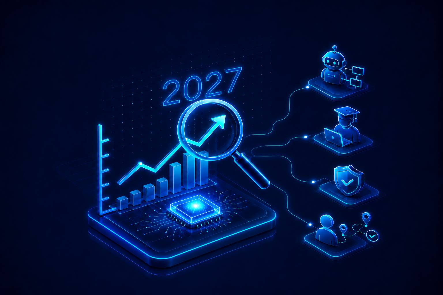 Digital illustration of AI agents, workplace skills, and cybersecurity