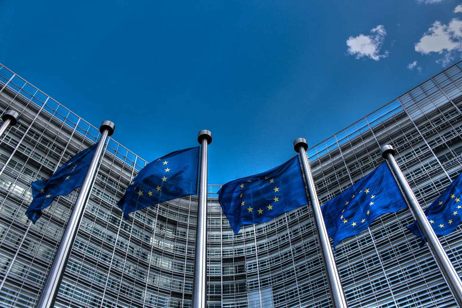 Vlajky EU před prosklenou budovou evropské instituce