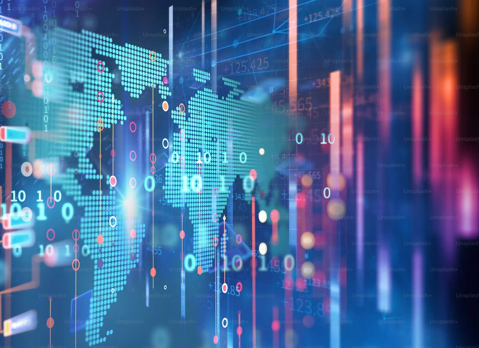 Digital world map over binary digits, figures and chart lines