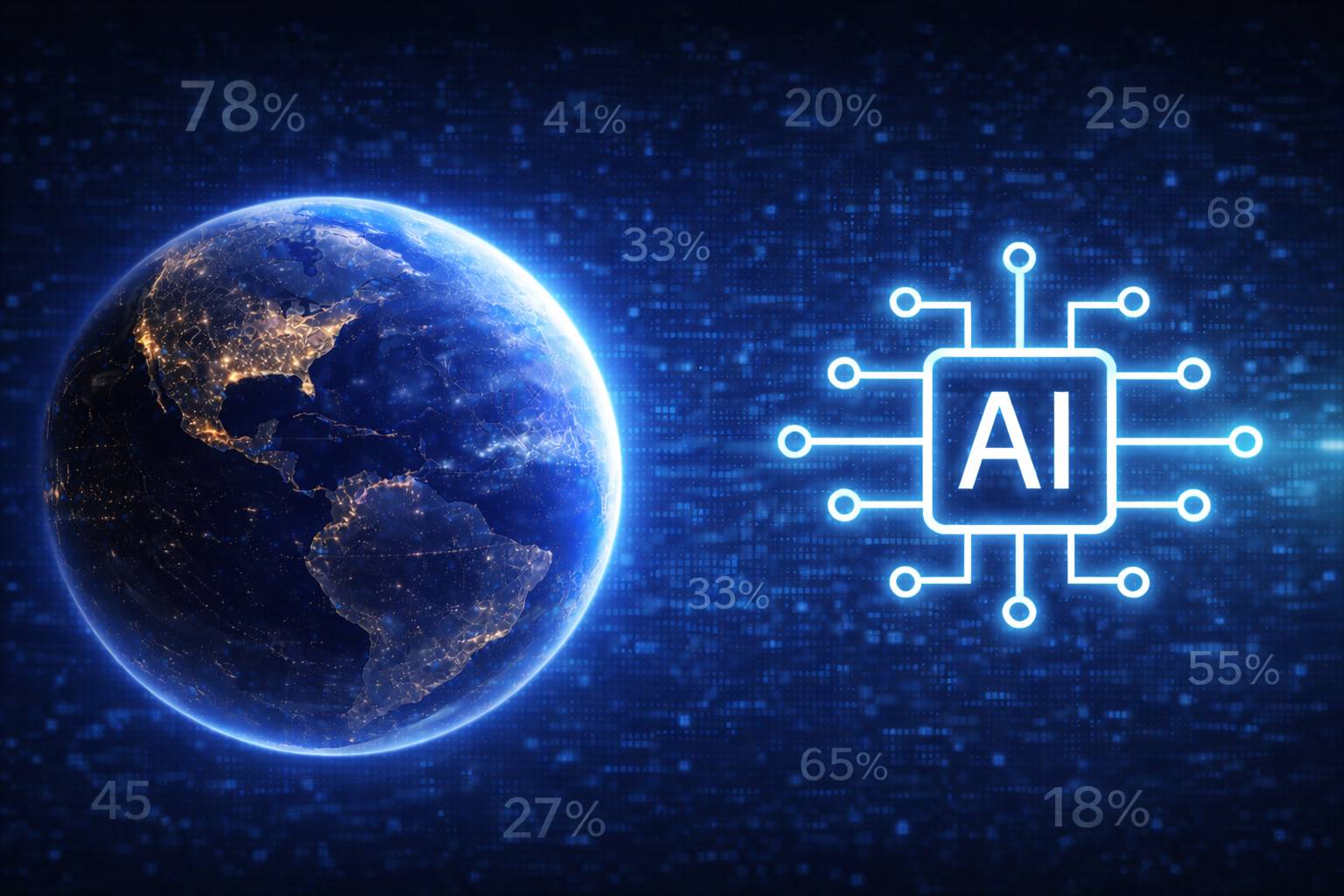 Globe and a chip labeled AI among percentages and digital data