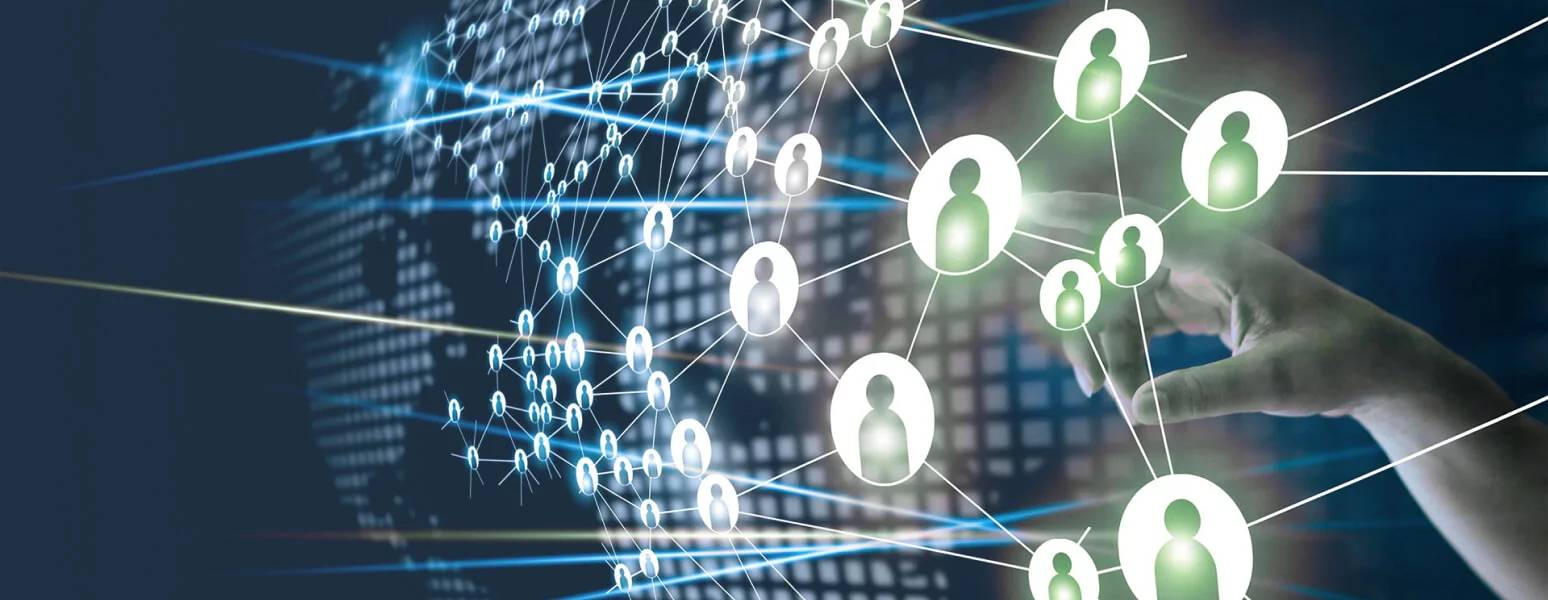 Hand reaching toward a network of connected profile icons
