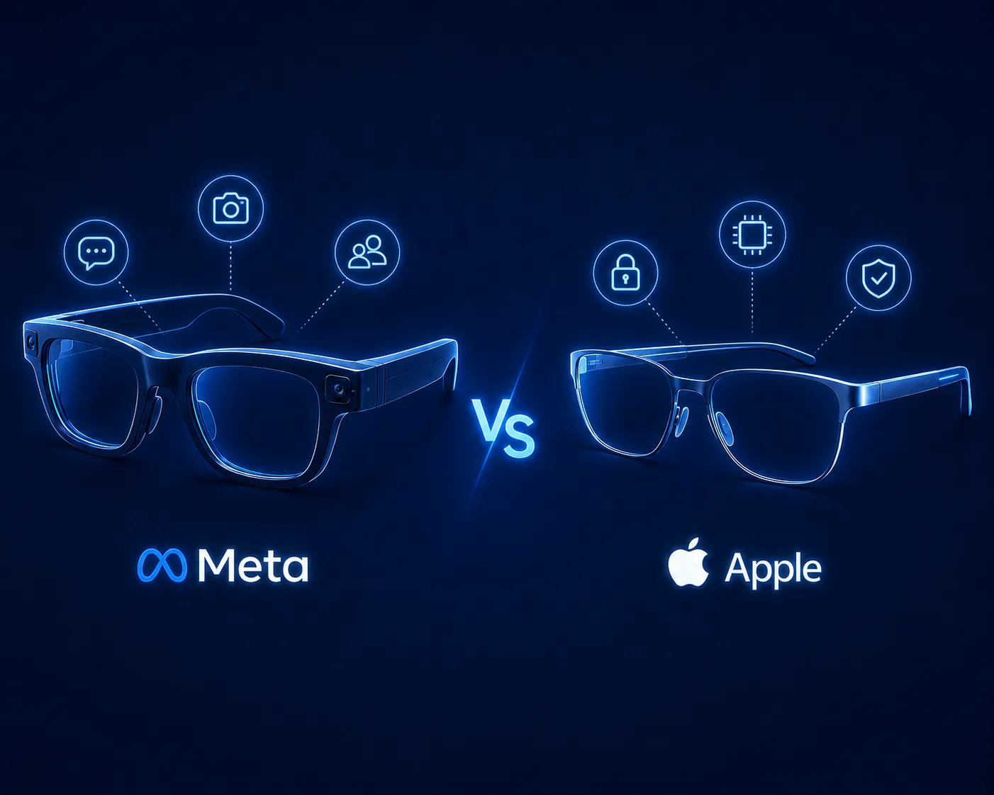 Illustration comparing Meta and Apple smart glasses with feature icons