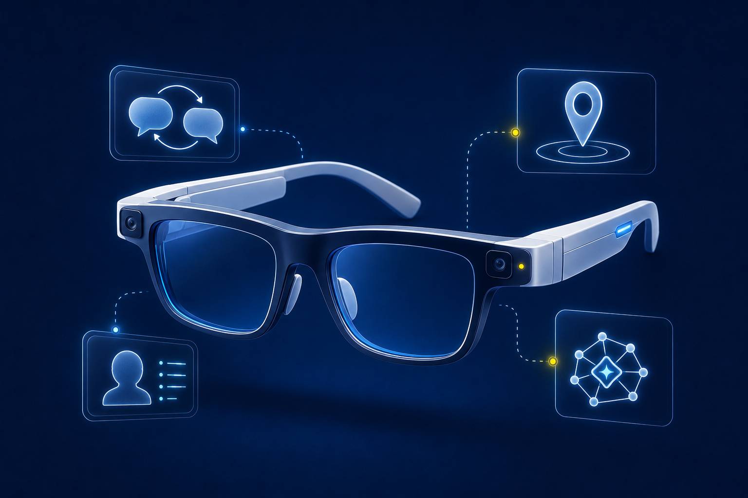 Smart glasses beside icons for conversation, location, identity and networking